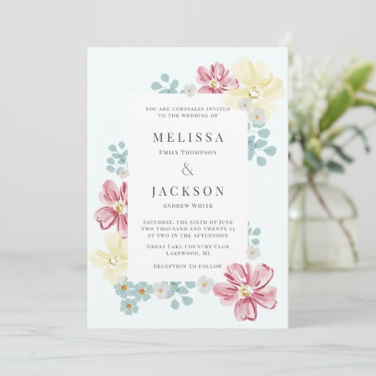 Invitation Bleu clair et Mariage à fleurs (Debout devant)