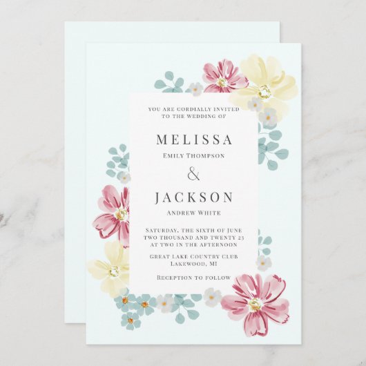 Invitation Bleu clair et Mariage à fleurs (Devant / Derrière)