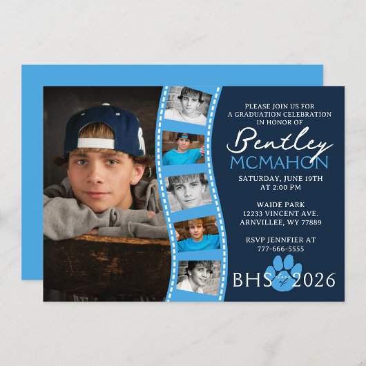 Invitation Bleu clair et marine Graduation 6 Photo Collage