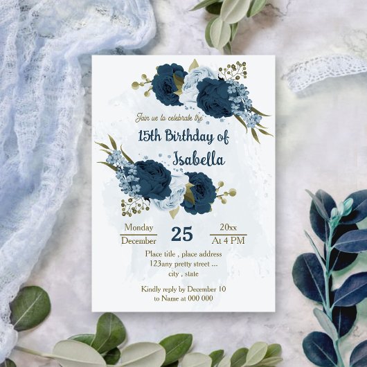 Invitation bleu clair fleurs de la marine anniversaire botani