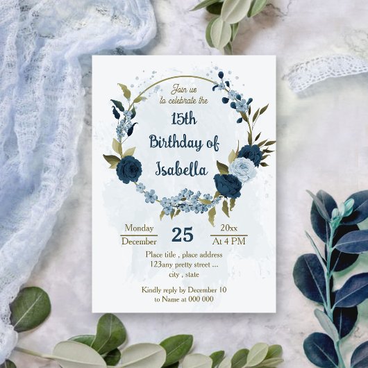 Invitation bleu clair fleurs de la marine anniversaire botani