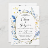 Invitation Bleu clair Floral Or QR RSVP Tous en 1 Mariage (Devant / Derrière)