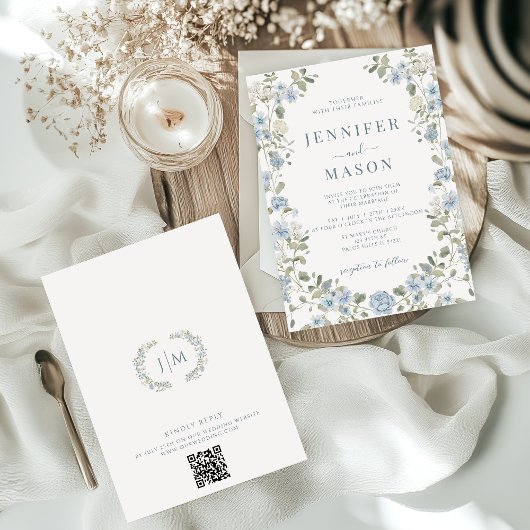 Invitation Bleu clair Floral verdure Wreath Garden Mariage