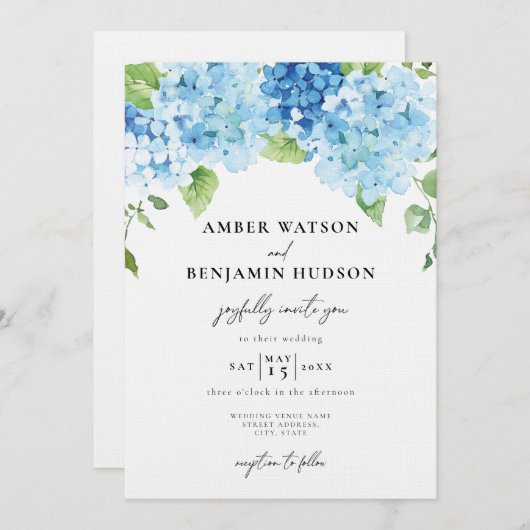 Invitation Bleu clair Hydrangea Dusty Navy Floral Mariage (Devant / Derrière)