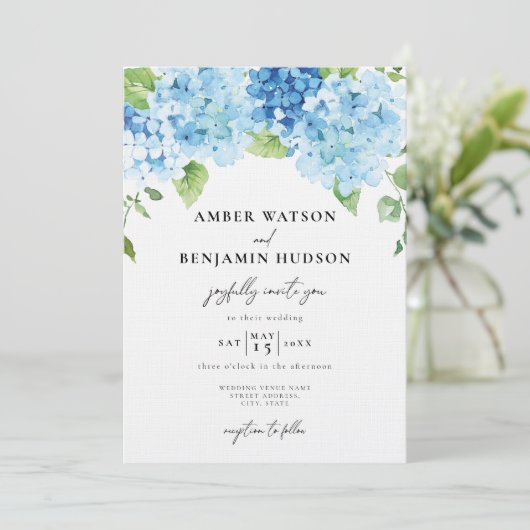 Invitation Bleu clair Hydrangea Dusty Navy Floral Mariage (Debout devant)