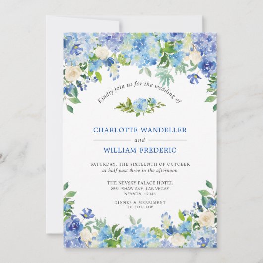 Invitation Bleu clair Hydrangeas Vert Mariage aquarelle (Devant)