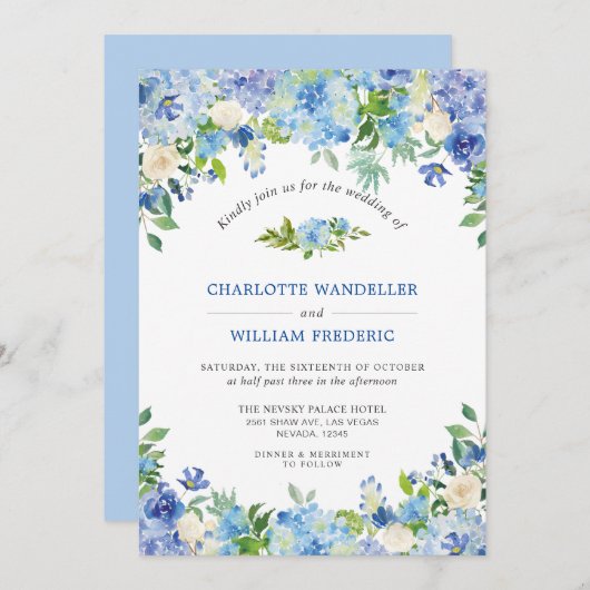 Invitation Bleu clair Hydrangeas Vert Mariage aquarelle (Devant / Derrière)