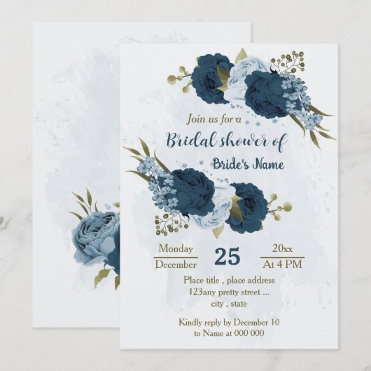 Invitation bleu clair marine fleurs botanique nuptiale (Devant / Derrière)