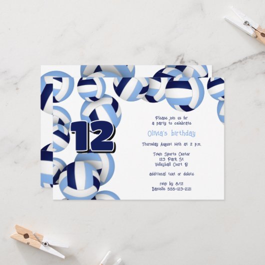 Invitation bleu clair marine volleyballs anniversaire de enfa (Devant/Arrière en situation)