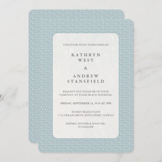 Invitation Bleu clair + Mer Blanche Vague Motif Plage Mariage (Devant / Derrière)