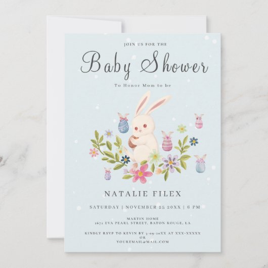 Invitation Bleu clair mignon Baby shower lapin de Pâques (Devant)