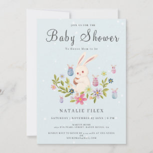 Invitation Bleu clair mignon Baby shower lapin de Pâques