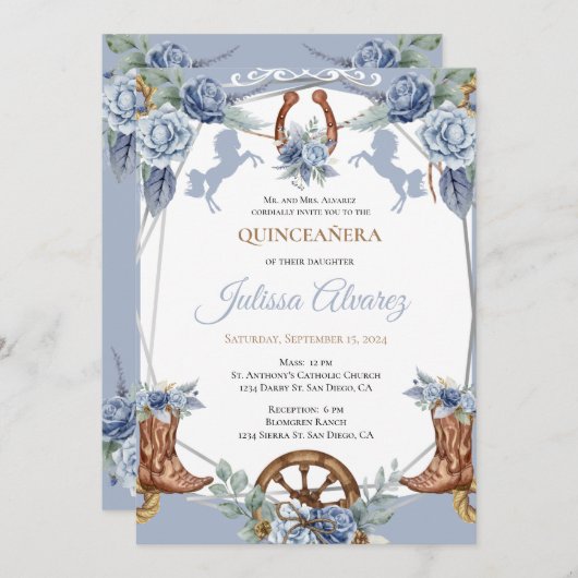 Invitation Bleu clair Occidental Charra Quinceanera Invitatio (Devant / Derrière)