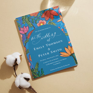 Invitation Bleu clair Orange main tiré Mariage floral