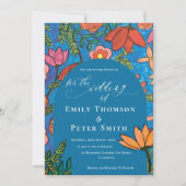 Invitation Bleu clair Orange main tiré Mariage floral (Devant)