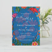 Invitation Bleu clair Orange main tiré Mariage floral (Debout devant)