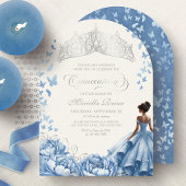 Invitation Bleu clair Papillons Tiara Fleurs Quinceanera