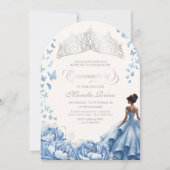 Invitation Bleu clair Papillons Tiara Fleurs Quinceanera (Devant)