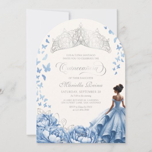 Invitation Bleu clair Papillons Tiara Fleurs Quinceanera (Devant)