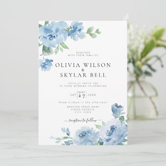 Invitation Bleu clair Pastel Mariage botanique (Debout devant)