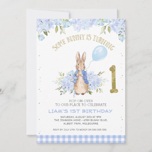 Invitation Bleu clair Pierre Rabbit 1er anniversaire (Devant)