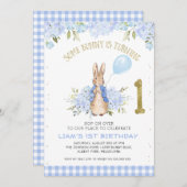 Invitation Bleu clair Pierre Rabbit 1er anniversaire (Devant / Derrière)