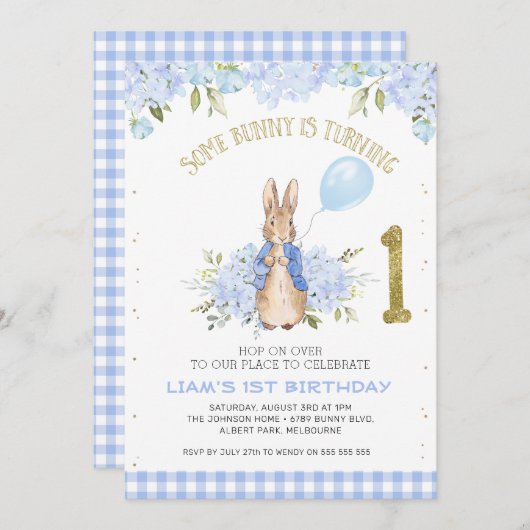 Invitation Bleu clair Pierre Rabbit 1er anniversaire (Devant / Derrière)