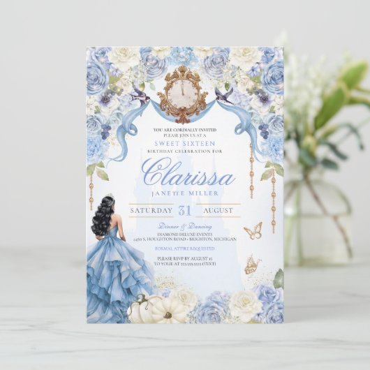 Invitation Bleu clair Princesse Douce 16 Cendrillon V2 (Debout devant)