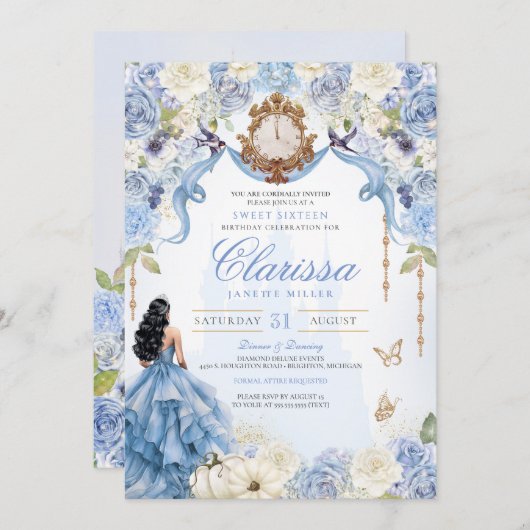 Invitation Bleu clair Princesse Douce 16 Cendrillon V2 (Devant / Derrière)