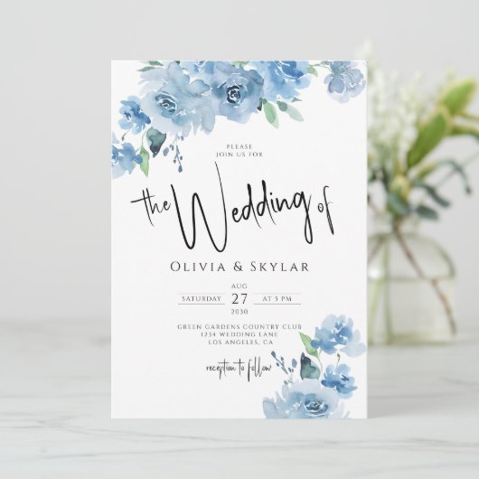 Invitation Bleu clair QR Code RSVP tout en un Mariage (Debout devant)