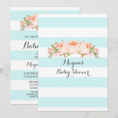 Invitation Bleu clair Rayures Aquarelle Baby shower Floral (Devant / Derrière)