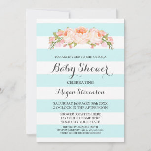 Invitation Bleu clair Rayures Aquarelle Baby shower Floral