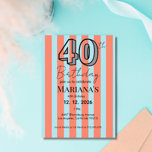 Invitation Bleu Clair & Rayures Corail Moderne 40e Anniversai