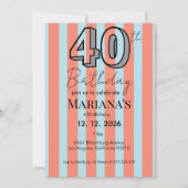 Invitation Bleu Clair & Rayures Corail Moderne 40e Anniversai (Devant)