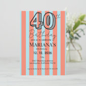 Invitation Bleu Clair & Rayures Corail Moderne 40e Anniversai (Debout devant)