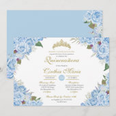 Invitation Bleu clair Rose Floral Cendrillon Quinceanera (Devant / Derrière)