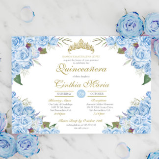 Invitation Bleu clair Rose Floral Cendrillon Quinceanera