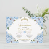 Invitation Bleu clair Rose Floral Cendrillon Quinceanera (Debout devant)