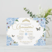 Invitation Bleu clair Rose Floral Tiara Butterfly Quinceanera (Debout devant)