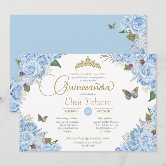 Invitation Bleu clair Rose Floral Tiara Butterfly Quinceanera (Devant / Derrière)
