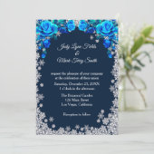 Invitation Bleu clair Roses Flocon de neige Noël (Debout devant)