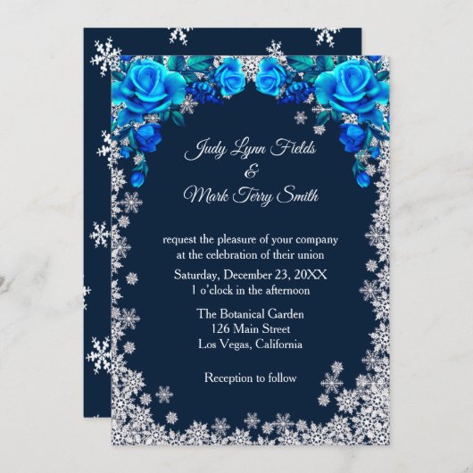 Invitation Bleu clair Roses Flocon de neige Noël (Devant / Derrière)