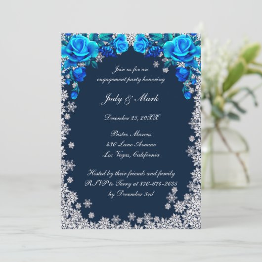 Invitation Bleu clair Roses Snowflake Engagement (Debout devant)