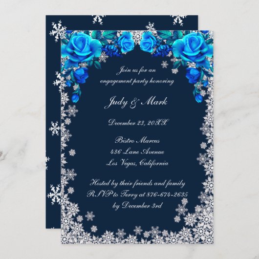 Invitation Bleu clair Roses Snowflake Engagement (Devant / Derrière)