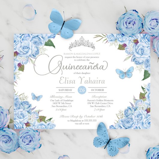 Invitation Bleu clair Silver Tiara Butterfly Quinceanera