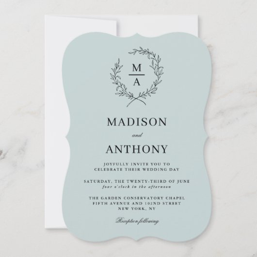 Invitation Bleu clair Simple Élégant Mariage Monogram (Devant)