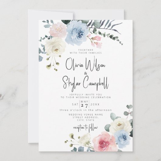Invitation Bleu clair Tropical QR tout en un Mariage (Devant)