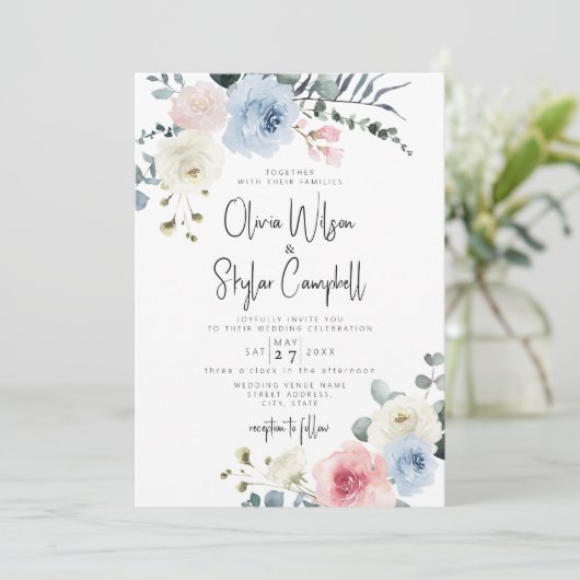 Invitation Bleu clair Tropical QR tout en un Mariage (Debout devant)