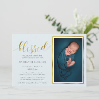 Invitation Bleu classique Blessé or garçon Photo Christening