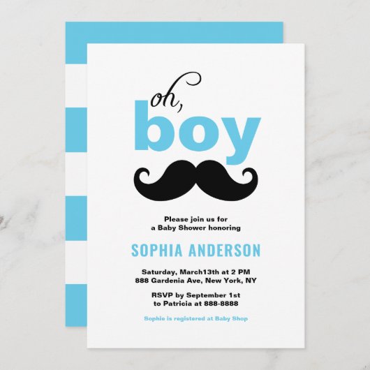 Invitation Bleu classique C'est un Baby shower de moustache g (Devant / Derrière)